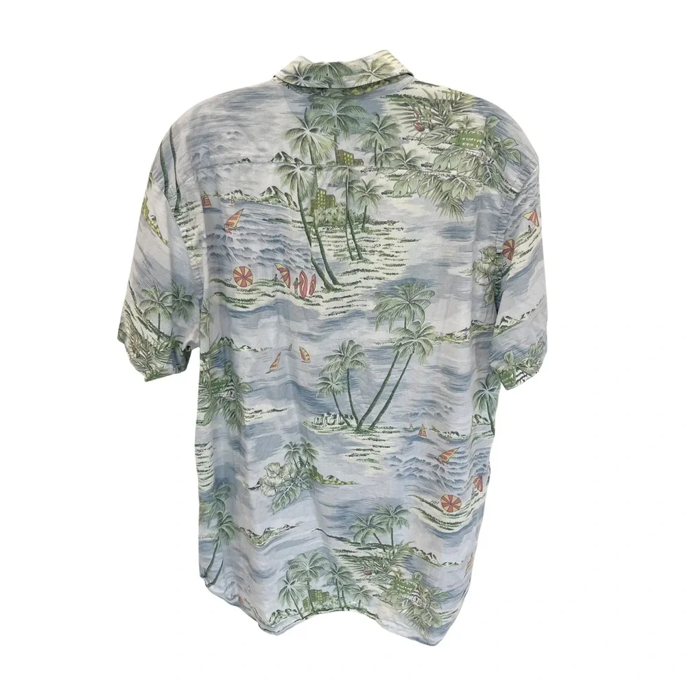 J.Crew Lightweight Chambray Tropical Island Palm Tree Print Shirt Blue LARGE